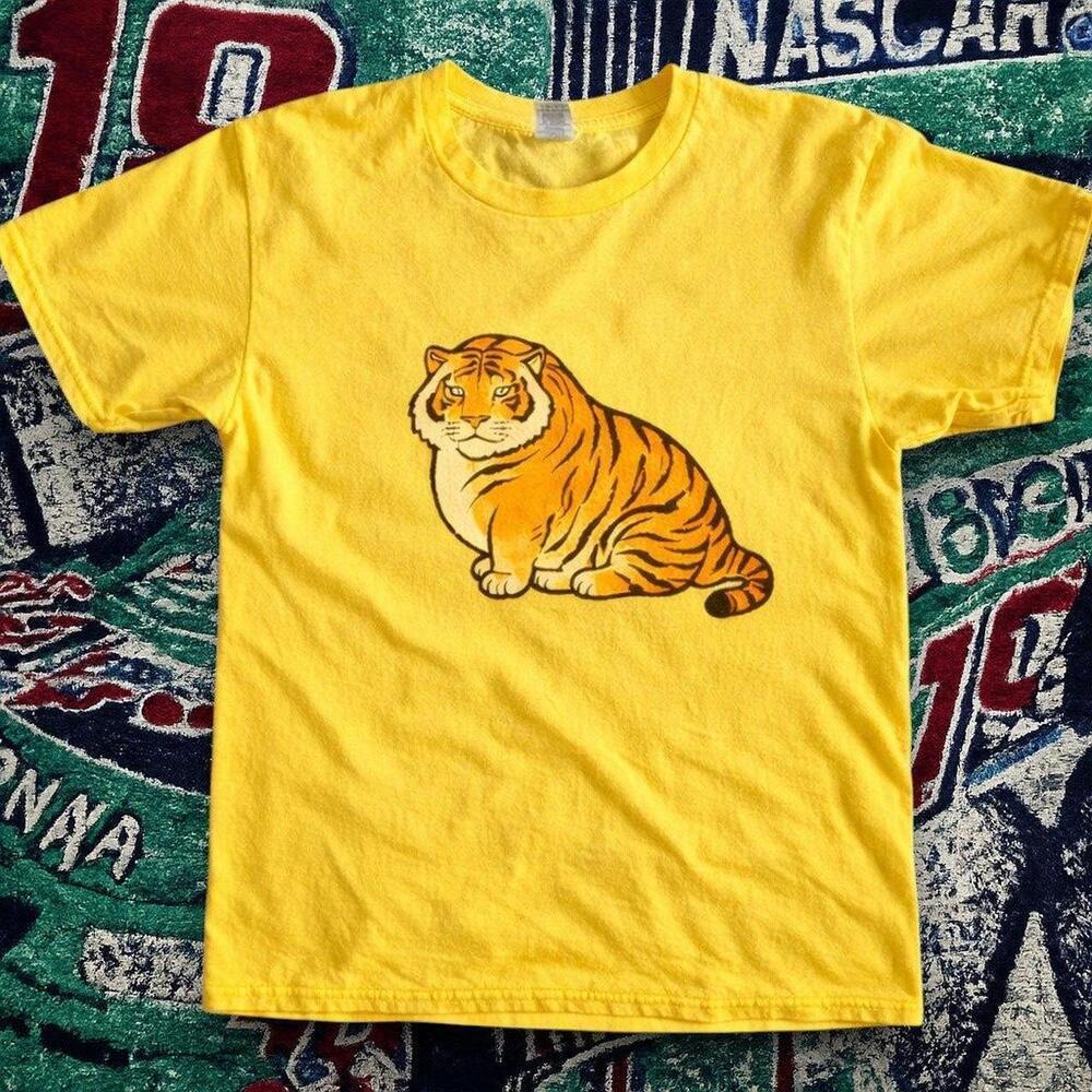 Y2K Cute Chubby Tiger Graphic Tee Yellow Unisex.